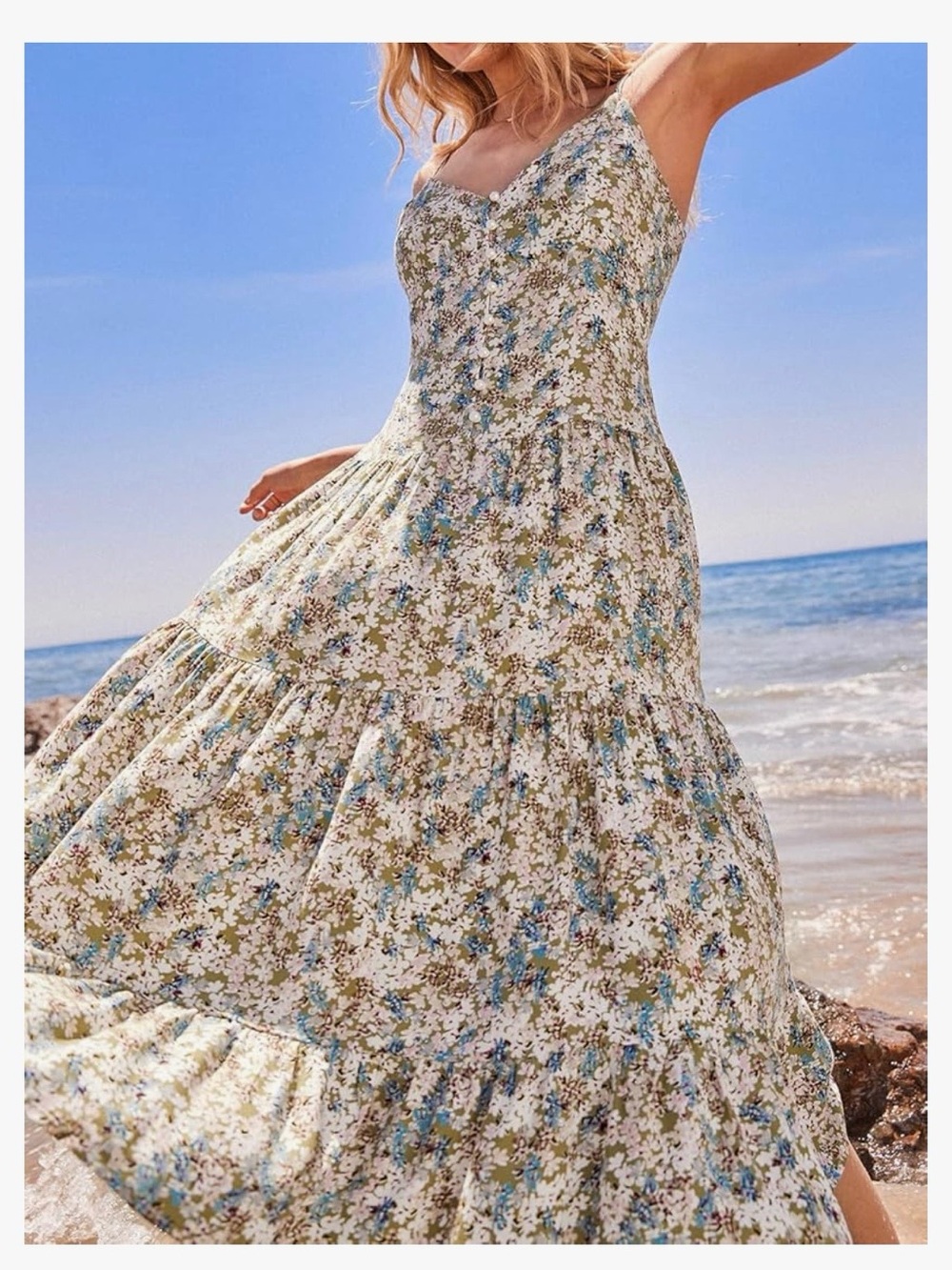 Cupshe Floral Tiered Button Front Spaghetti-Strap Midi Dress in Green and Pink